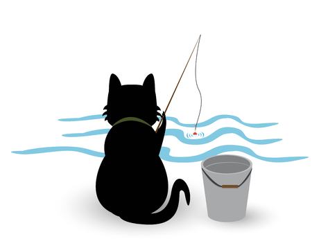 illustration of funny kitten media , cat fisherman catches fishのイラスト素材