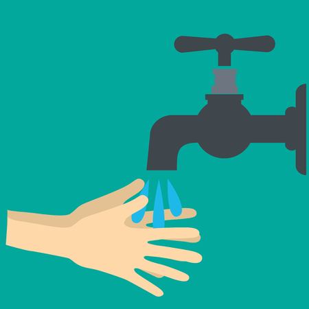 Hands under falling water out of tap. Man washes hands, hygiene, water preservation. Vector illustration in flat styleのイラスト素材