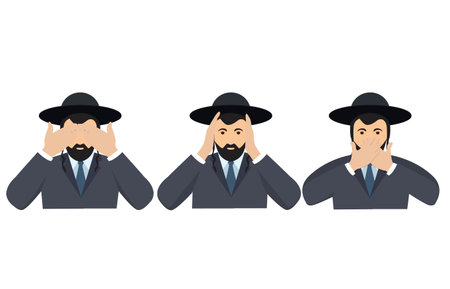 Man covering eyes, ears and mouth with hands as looking like the three wise monkeys. Don't see, don't hear and don't speak concept illustration in vector cartoon style.のイラスト素材