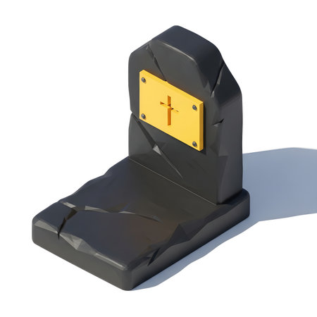 3d rendering of a grave with a golden cross on a white backgroundの素材