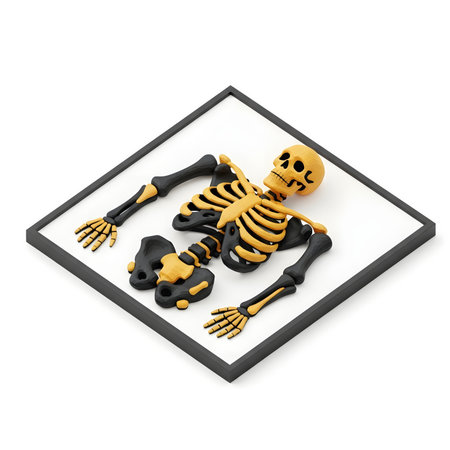 3d render of skeleton with bones in black frame on white backgroundの素材