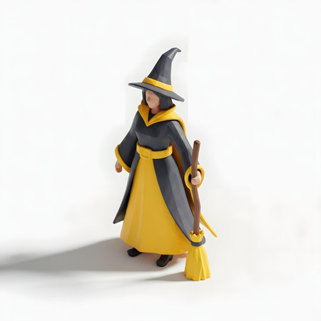 3d illustration of a witch with a broom on a white backgroundの素材