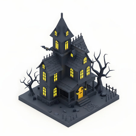 Halloween haunted house on white background. 3D illustration. Render.の素材