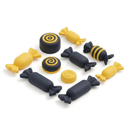Black and yellow candies isolated on white background. 3D rendering.の素材