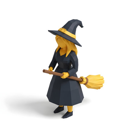 Witch with broom isolated on white background. 3D illustration.の素材