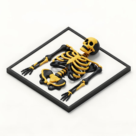 3d illustration of skeleton and bones in square frame over white backgroundの素材