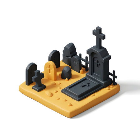 3d illustration of grave with tombstone on white background with shadowの素材
