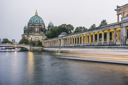 Spree River at Berlin Cathedral with colonnade at dusk at Old National Gallery in Berlin, Germanyのeditorial素材
