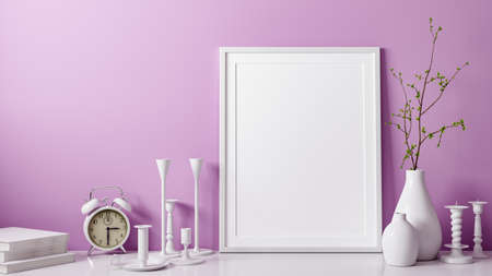 3D rendering of white and blank photo or picture frame in front of pink wall as template or mockup with vase and candlestick as decoration in room at home with copy spaceの写真素材