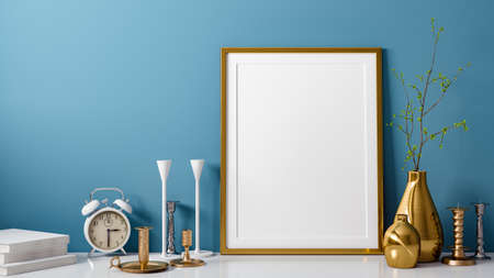 3D rendering of blank photo or picture frame in front of blue wall as template or mockup with vase and candlestick as decoration in room at home with copy spaceの写真素材