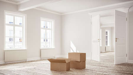 3D rendering of sunny but expensive empty living room with moving boxes in old city building of townhouse or apartment for rent or buyの写真素材