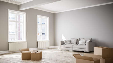 3D rendering of sunny but expensive empty living room with moving boxes and sofa or couch in old city building of townhouse or apartment for rent or buy ready for moving inの写真素材