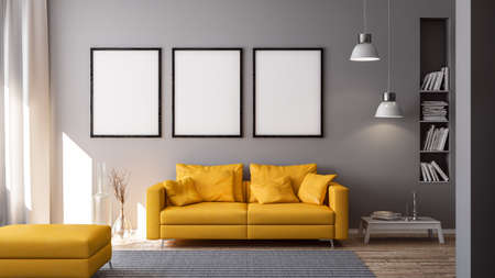 3D rendering of blue couch or sofa in living room in front of white wall with copy space and modern or minimalistic interior and white floorの写真素材