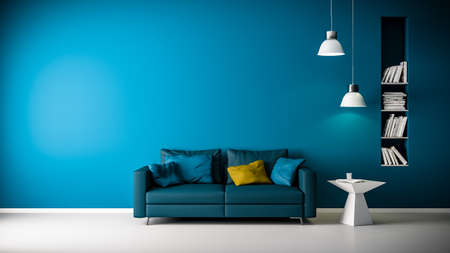 3D rendering of couch or sofa in living room in front of blue wall with copy space and modern or minimalistic interior and white floorの写真素材