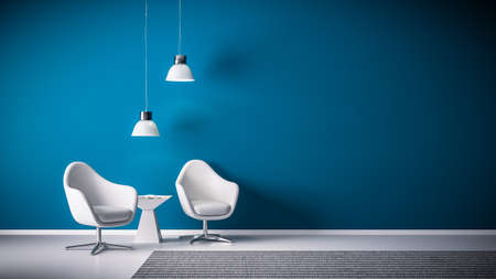 3D rendering of armchair and seat in living room in front of blue wall with copy space and modern or minimalistic interior and white floorの写真素材