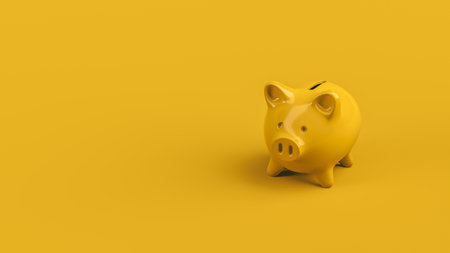 Cute yellow piggy bank as a money box or money box in front of a colored studio background reminds you to save and invest money saved as a 3D renderingの写真素材