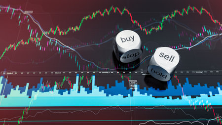 3d illustration of stock dice with candle stick chart showing the risk and possibility of market for trading and beating the marketの写真素材