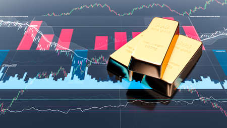 3d illustration of fine gold bars with candle stick chart showing the possibility of market for trading and beating the market to earn moneyの写真素材