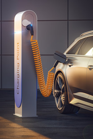 3d rendering of Electric EV car or vehicle at charging station charges battery with cable and plug or charger for ecological range and sustainable energyの写真素材
