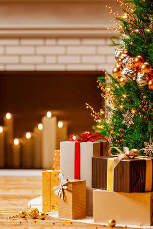 3d rendering of Christmas tree and gifts or present boxes for holiday with decoration or xmas balls in front fireplace and candles in living roomの写真素材
