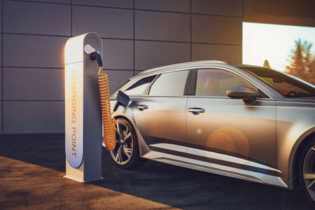 3d rendering of Electric EV car or vehicle at charging station charges battery with cable and plug or charger for ecological range and sustainable energyの写真素材
