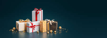 3d rendering of Christmas gifts or present boxes with decoration and xmas balls in front of blue background and copy-space symbolizing shopping for web advertisingの写真素材