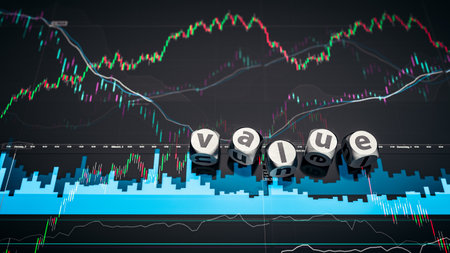 3d illustration of conceptual dice in front of technical stock market candle stick chart diagram analyzing value and growth for strategic investing in forex marketの写真素材
