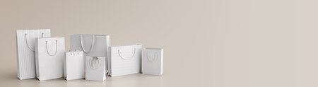 3d rendering or illustration of white and empty shoping bags with copy space for sale and offer as bannerの写真素材