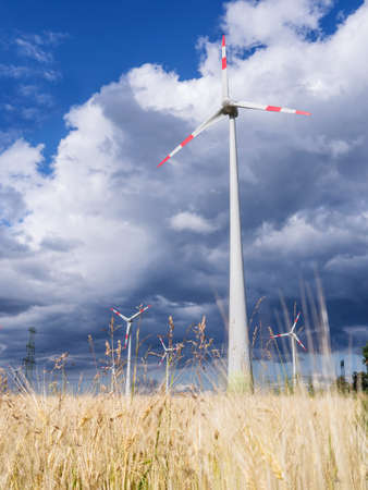 wind generators and a wheat field with storm cloudsの写真素材