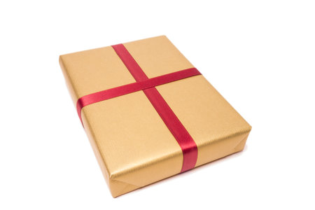 present isolated, golden paper and red loop