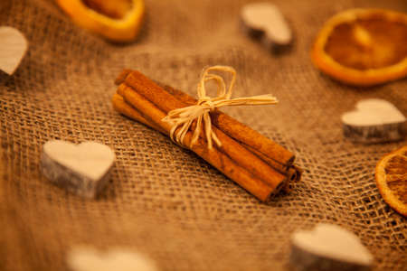 cinnamon stick and christmas decorationの写真素材