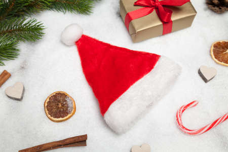 santa claus cap and christmas decorationの写真素材