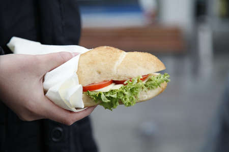 Woman holding a cheese sandwichの写真素材