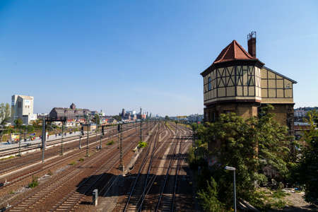 Berlin Beusselstreet S-Bahn station and old water tower in Berlinの写真素材