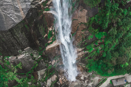 Aerial view of the Hapang Waterfall in Dulongjiang township, Gongshan county, Yunnan Province, China