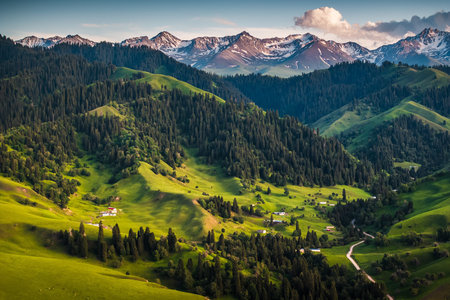 Aerial view of rural countryside scenery of Nalati grassland, Ili, Xinjiang Province, China