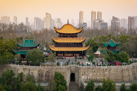 Aerial view of Yueyang Tower scenic area by Dongting Lake, Yueyang city, Hunan Province, China