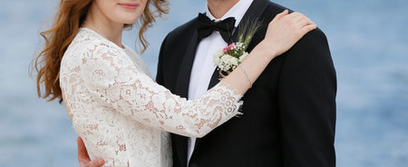 Happy bride and groom. Wedding day on the beach