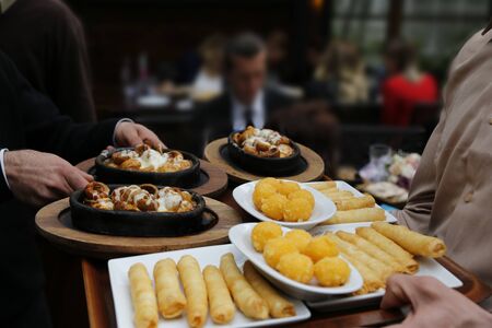 Turkish food in wooden trayの写真素材