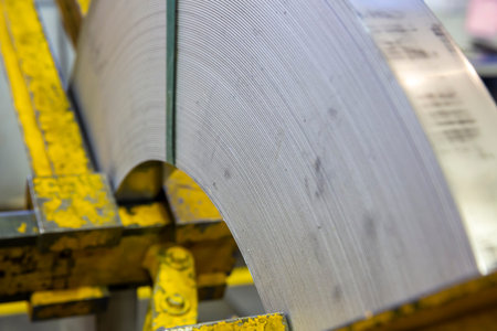 Stock with rolls of sheet steel in industrial plantの写真素材