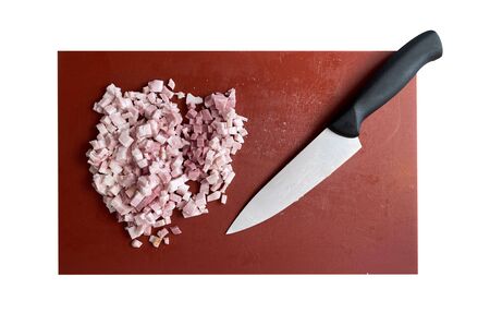 Top view pig bacon on red cutting boardの写真素材