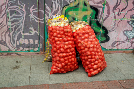 front view onion and potato sack on wall の写真素材