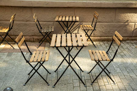 iron table and chair on streetの写真素材