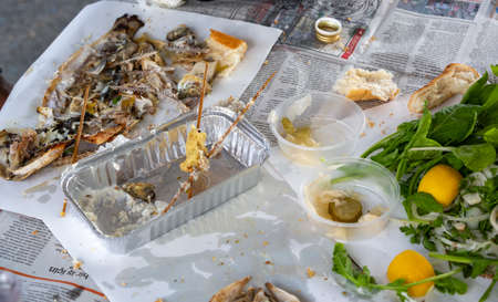 top viewe eaten fish and skeleton backgroundの写真素材