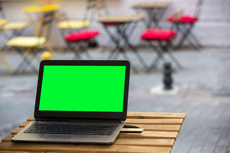 front viewe laptop on wooden tableの写真素材