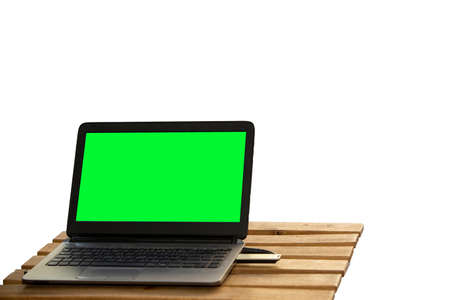 front viewe laptop on wooden tableの写真素材