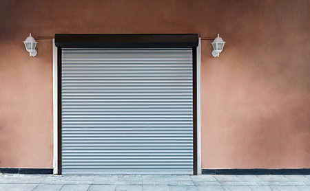 metal shutter door. Shop closed theme. Street Shops closing down with a copy space for text.の写真素材