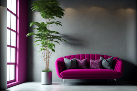 Living room in trend viva magenta color. A bright sofa accent. Plaster microcement wall background....