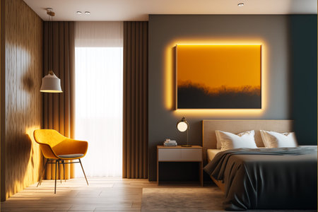 frontal view of modern hotel room with warm colour walls, interior design,