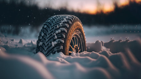 Car tire on snow covered road. Close upの写真素材